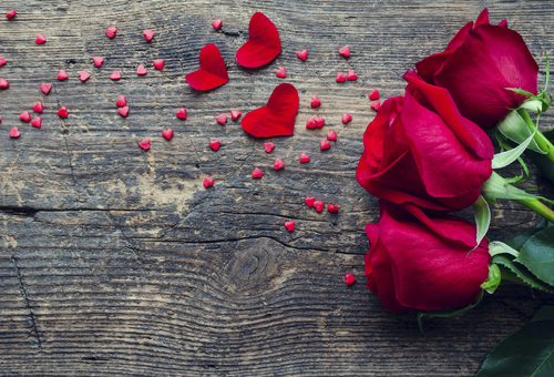 © Nelli Syrotynska/Shutterstock Rosen auf einem Holztisch an Valentinstag